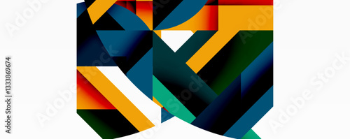Abstract geometric artwork with interwoven angular and curved shapes, dynamic composition with smooth gradients and bold contrasts