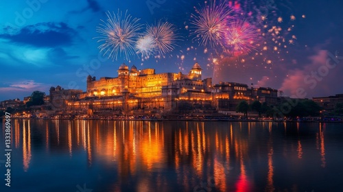 Majestic Fortress Illuminated By Fireworks Display Over Water