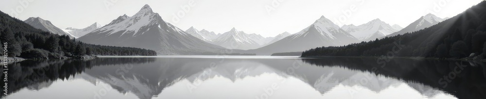 snow capped peaks reflected in lake's surface, tranquility, black and white, reflection snow capped peaks reflected in lake's surface, tranquility, black and white, reflection