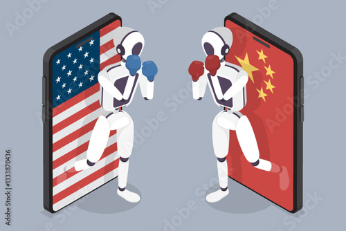 United States and China technology war concept. Mobile phone with US and China flag. Two robots in a boxing match. Vector flat isometric Illustration.
