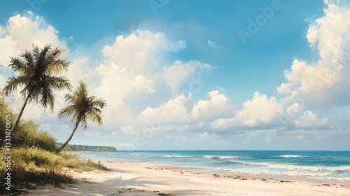 A tranquil tropical beach features soft waves lapping against the shore. Lush palm trees sway gently under a vibrant blue sky filled with fluffy clouds, creating a peaceful atmosphere