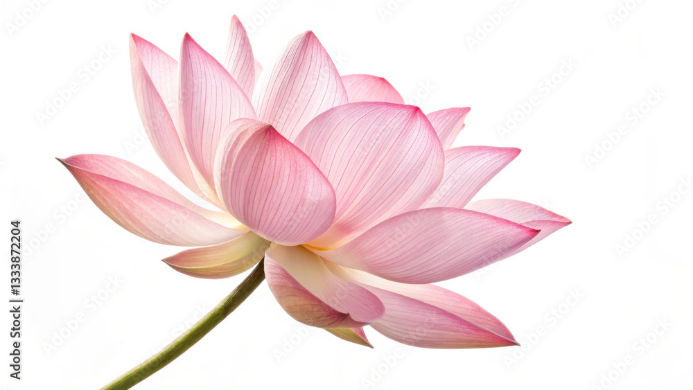 Naklejka premium pink lotus flower with delicate petals, gracefully floating on white background, symbolizes purity and tranquility. Its soft hues evoke sense of calm and beauty