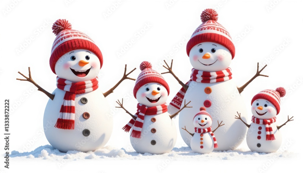 Obraz premium Snowman Family Together Enjoying Winter Fun with Red and White Accents