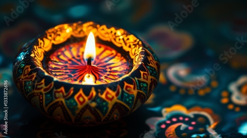 Decorated Diya Candle Burning Brightly