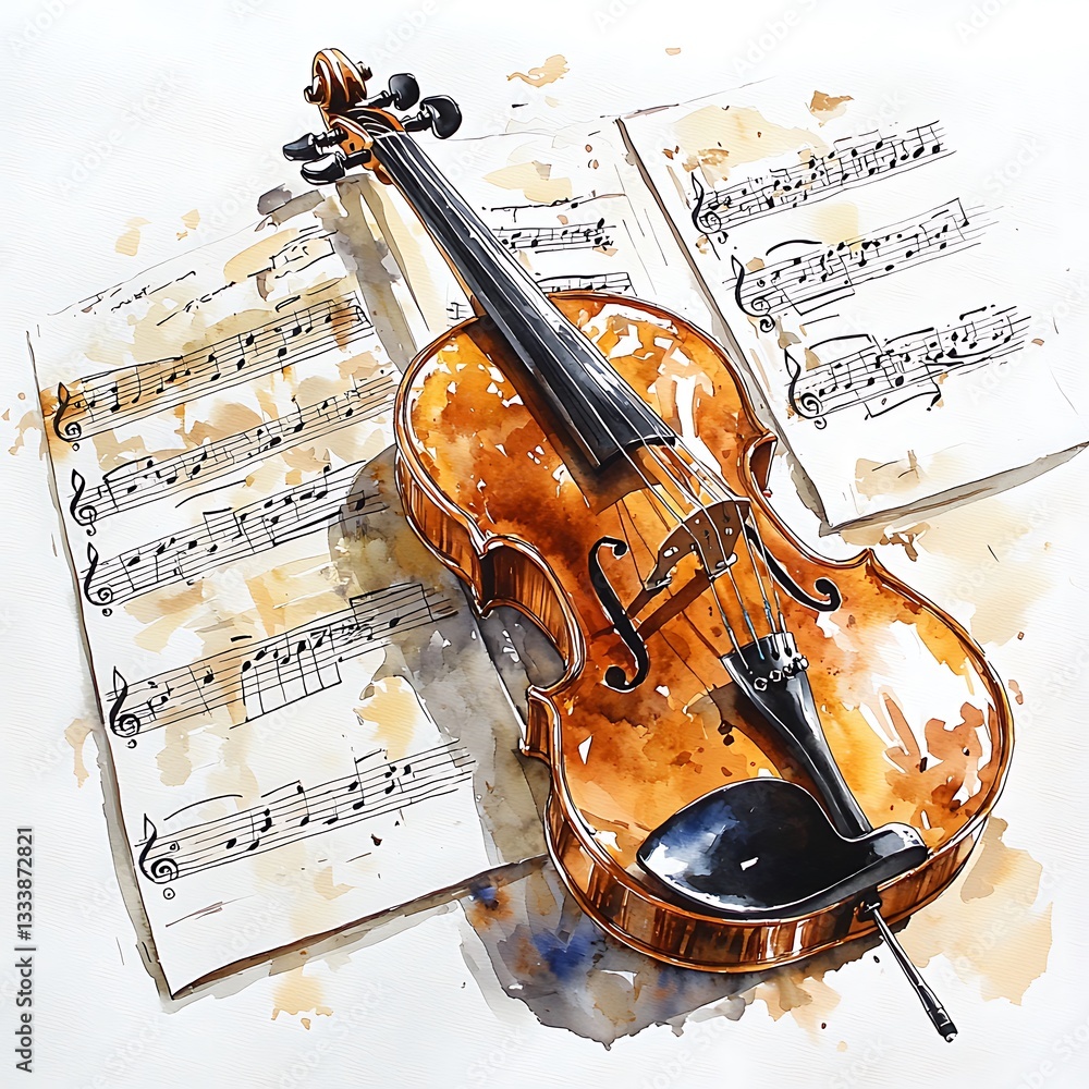Naklejka premium A Watercolor Painting of a Violin Resting on Musical Sheet Music. The image depicts a detailed rendering of a classic string instrument.