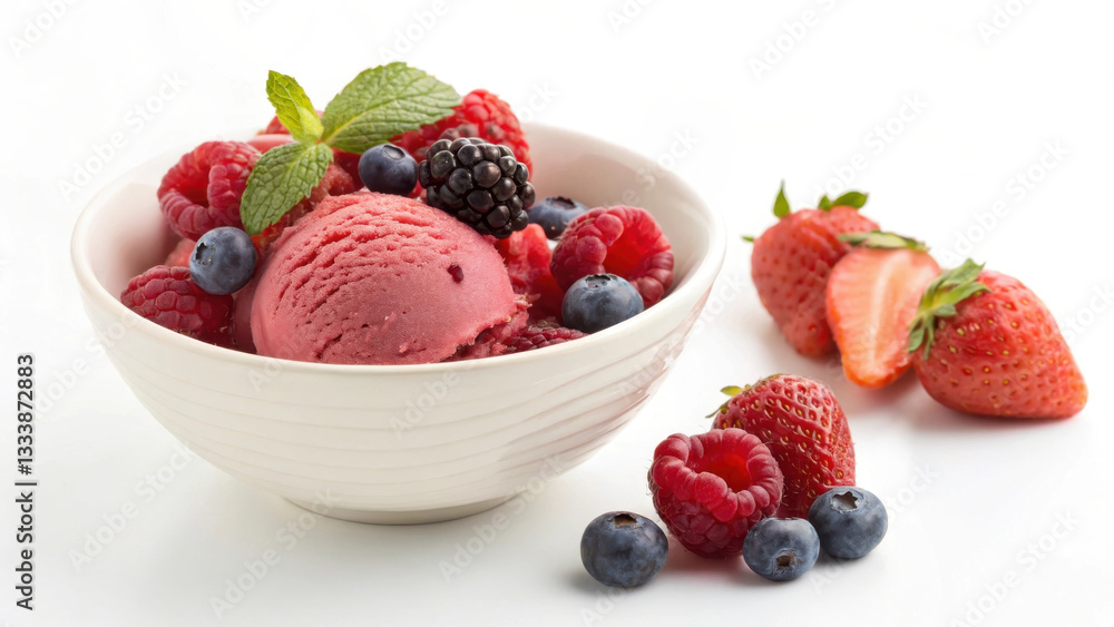 small bowl of mixed berry sorbet with fresh raspberries, blueberries, and strawberries, garnished with mint leaves, creates refreshing and colorful dessert small bowl of mixed berry sorbet with fresh raspberries, blueberries, and strawberries, garnished with mint leaves, creates refreshing and colorful dessert