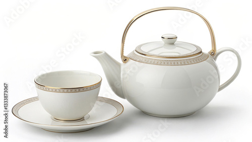 white ceramic teapot with matching teacup and saucer, elegantly designed with gold accents, perfect for refined tea experience