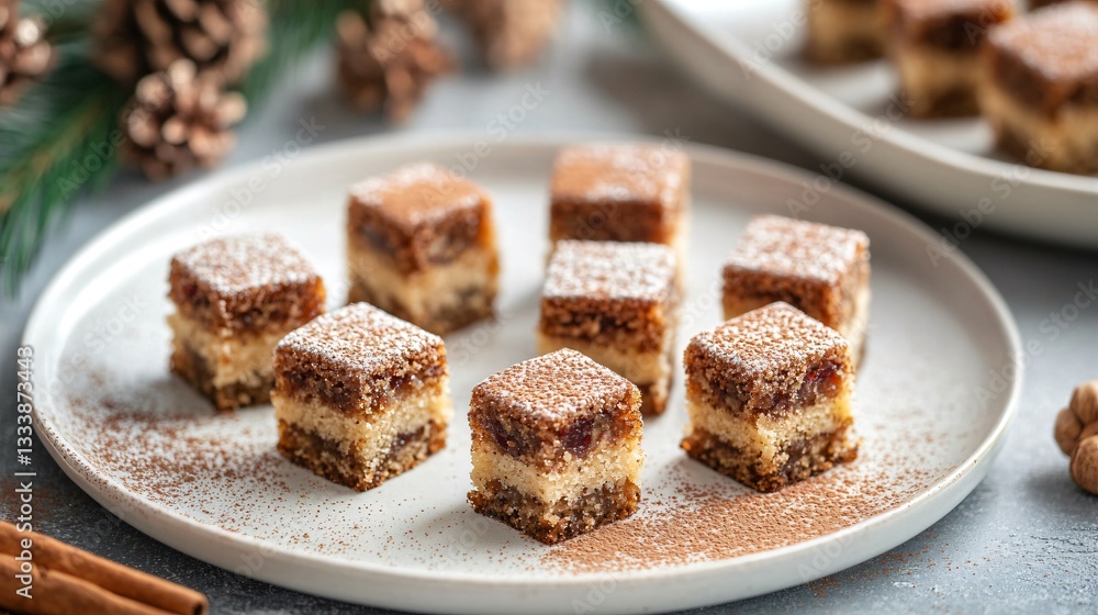 Simnel cake bites plated in a checkerboard pattern, featuring alternating layers of moist fruitcake and marzipan, with a delicate dusting of cinnamon and nutmeg Simnel cake bites plated in a checkerboard pattern, featuring alternating layers of moist fruitcake and marzipan, with a delicate dusting of cinnamon and nutmeg