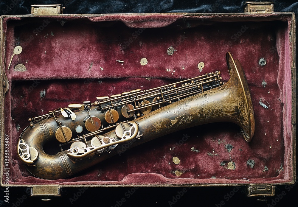 Naklejka premium An old saxophone in its case, with buttons and keys scattered around it. The instrument is made of brass or copper, with the tip covered by some metal rings that could be used to change notes