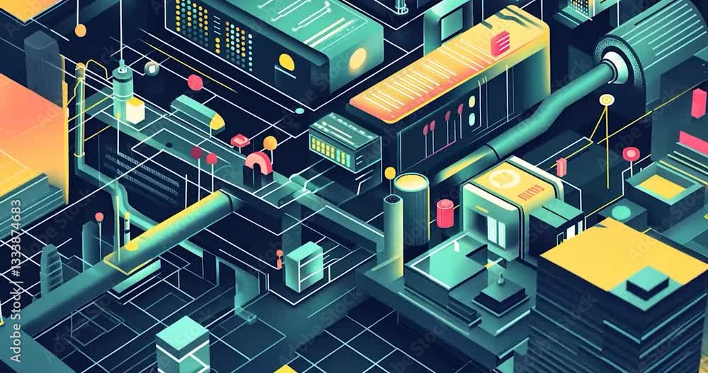 Isometric Network System: Teal Blue Yellow Digital Cityscape Isometric Network System: Teal Blue Yellow Digital Cityscape