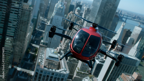 Red passenger drone flying over a city skyline