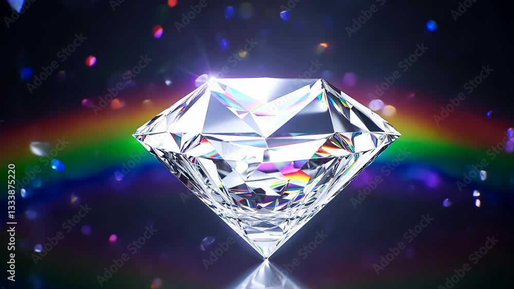 A diamond is on a table. The diamond is in the center of the image. The diamond is surrounded by a rainbow A diamond is on a table. The diamond is in the center of the image. The diamond is surrounded by a rainbow