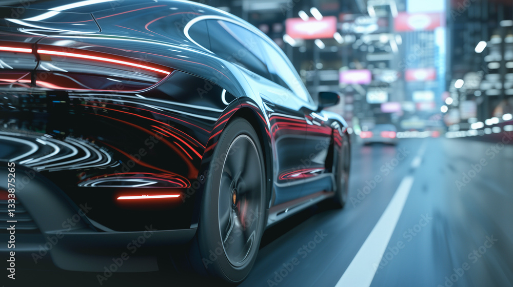 Dynamic City Drive: A sleek black vehicle speeds through a vibrant urban landscape, capturing the essence of motion and modern transportation. The car's design and the city lights create a dynamic. Dynamic City Drive: A sleek black vehicle speeds through a vibrant urban landscape, capturing the essence of motion and modern transportation. The car's design and the city lights create a dynamic.