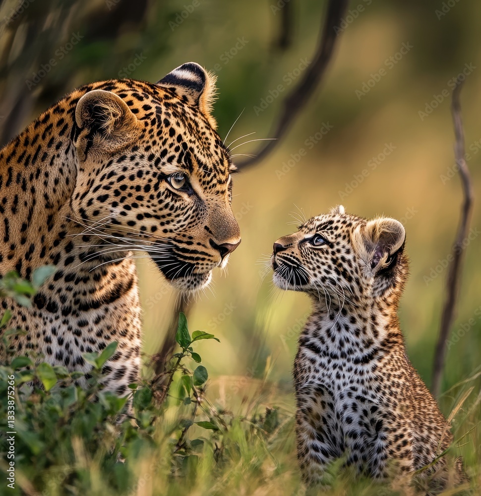 Majestic Leopard Mother Nurturing Adorable Cub in Wild African Habitat Surrounded by Lush Greenery and Golden Light Majestic Leopard Mother Nurturing Adorable Cub in Wild African Habitat Surrounded by Lush Greenery and Golden Light