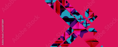 Abstract geometric composition with interlocking circular and angular shapes, featuring smooth gradients and sharp contrasts on a white background