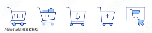 bitcoin, purchase, shopping online, shopping cart, trolley. Shopping cart Icon vector illustration. Line Duotone style. Editable stroke