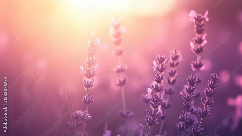 Fototapeta premium Soft Lavender Blooms in a Warm Sunset Glow Over a Serene Meadow