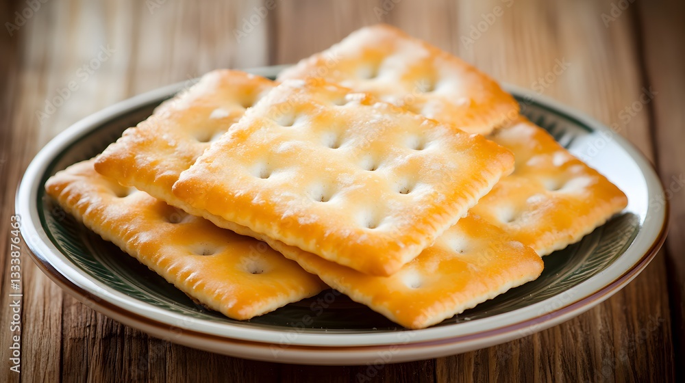 Crispy Golden Crackers on Rustic Plate, Closeup Crispy Golden Crackers on Rustic Plate, Closeup