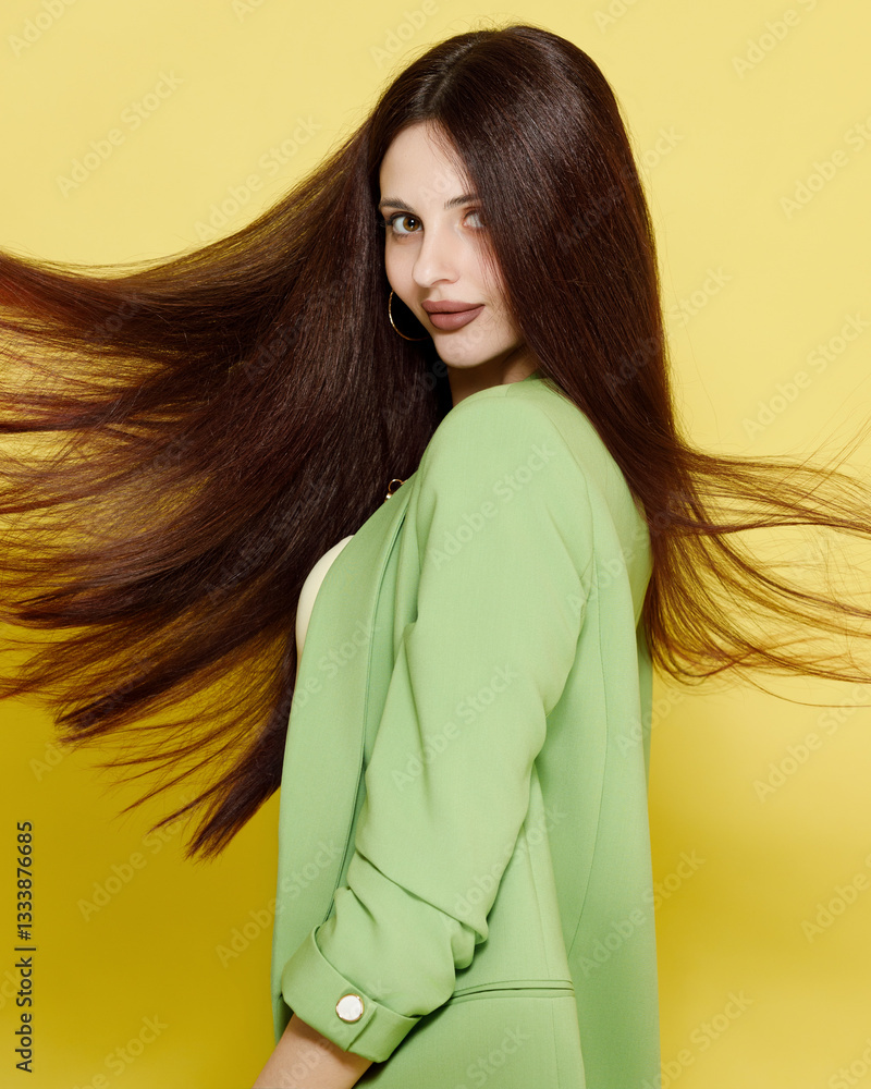 Fashion portrait of beautiful model in green suit against yellow background
