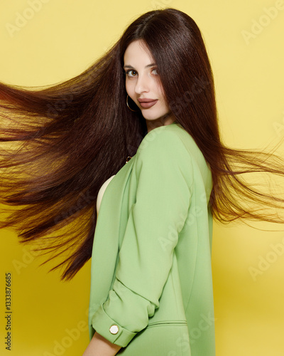 Obraz na płótnie Fashion portrait of beautiful model in green suit against yellow background w salonie
