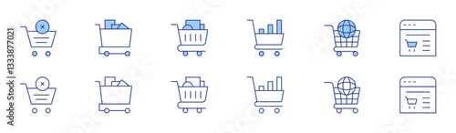Shopping cart icon set in two styles, Duotone and Thin Line style. Editable stroke. consumption, global, online shopping, remove from cart, shopping cart