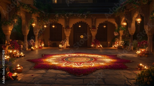 Illuminated Courtyard with Floral Mandala Design