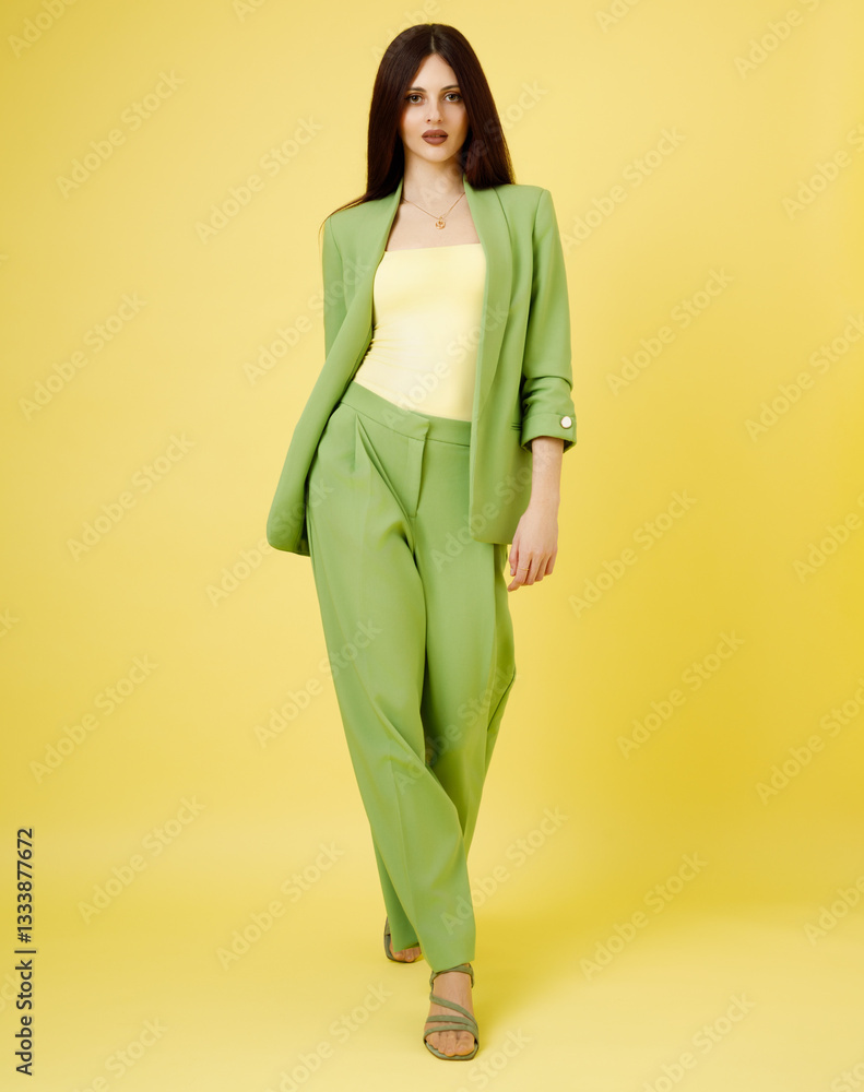 Fashion portrait of beautiful model in green suit against yellow background