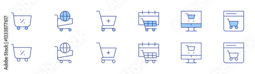 Shopping cart icon set in two styles, Duotone and Thin Line style. Editable stroke. shopping, online shop, online shopping, shopping cart, add to cart