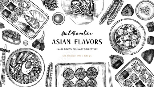 Asian food background. Japanese cuisine banner design. Hand-drawn vector illustrations in engraved style. NOT AI generated