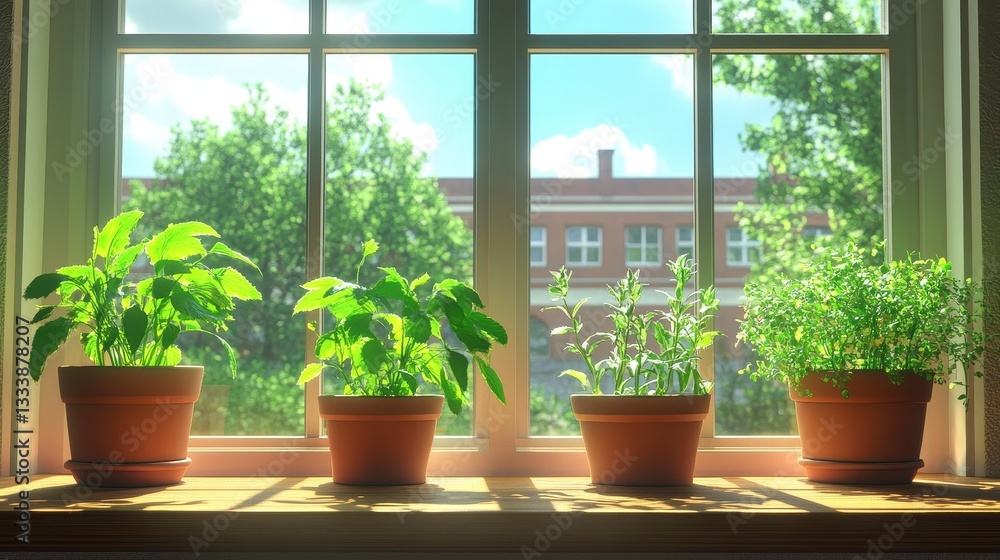 Sunlit Indoor Herb Garden: Four potted herbs thriving on a windowsill, bathed in warm sunlight, against a backdrop of lush green trees and a brick building Sunlit Indoor Herb Garden: Four potted herbs thriving on a windowsill, bathed in warm sunlight, against a backdrop of lush green trees and a brick building