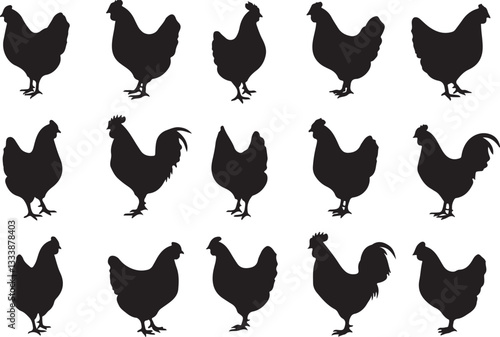 Silhouette of roster, cock, hen icon. Hen icon vector. Hen, chicken silhouette set collection. Organic farming, agriculture, poultry,  meat and eggs products. Domestic animals hen vector illustration.