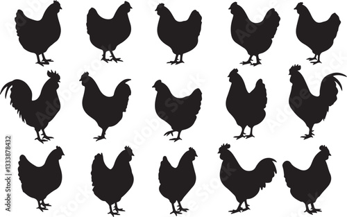 Silhouette of roster, cock, hen icon. Hen icon vector. Hen, chicken silhouette set collection. Organic farming, agriculture, poultry,  meat and eggs products. Domestic animals hen vector illustration.