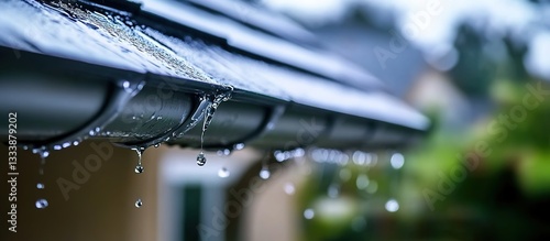  Close-up of raindrops dripping off the eaves on an overcast day, with a blurred house in the background.