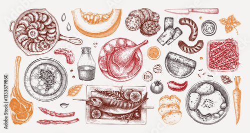 Farm food hand-drawn vector illustrations. Rustic kitchen engraved style sketches. NOT AI generated.