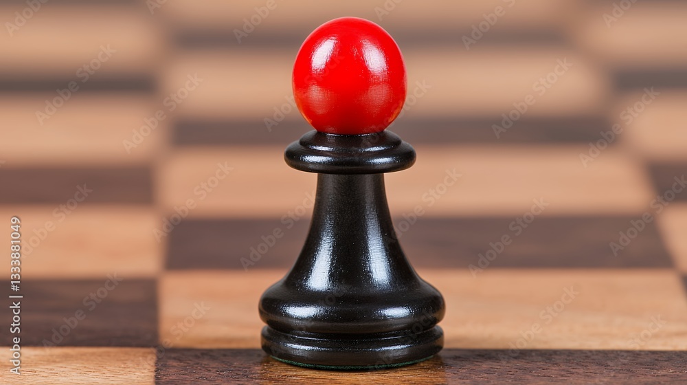 Black Chess Pawn with Red Ball on Wooden Chessboard Black Chess Pawn with Red Ball on Wooden Chessboard