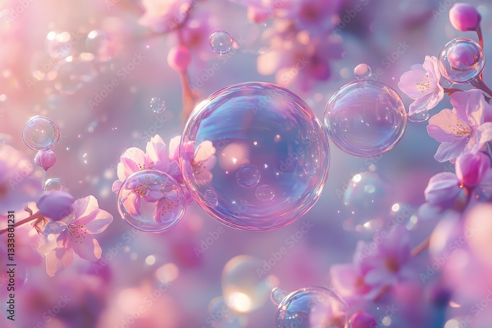 Delicate bubbles surrounded by blooming cherry blossoms in a serene pastel setting