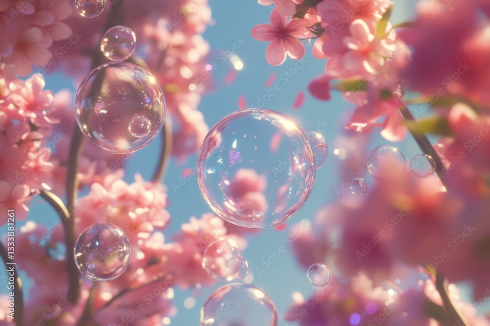 Colorful bubbles floating among blossoming pink flowers under a clear blue sky during springtime