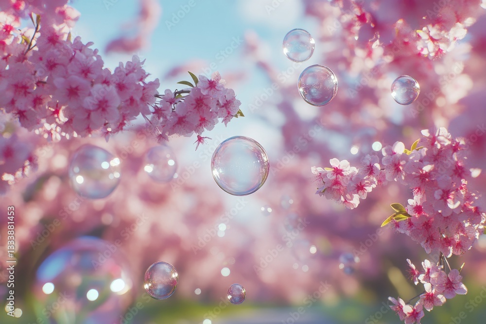 Bubbles drifting among blooming pink cherry blossom trees in a serene spring atmosphere