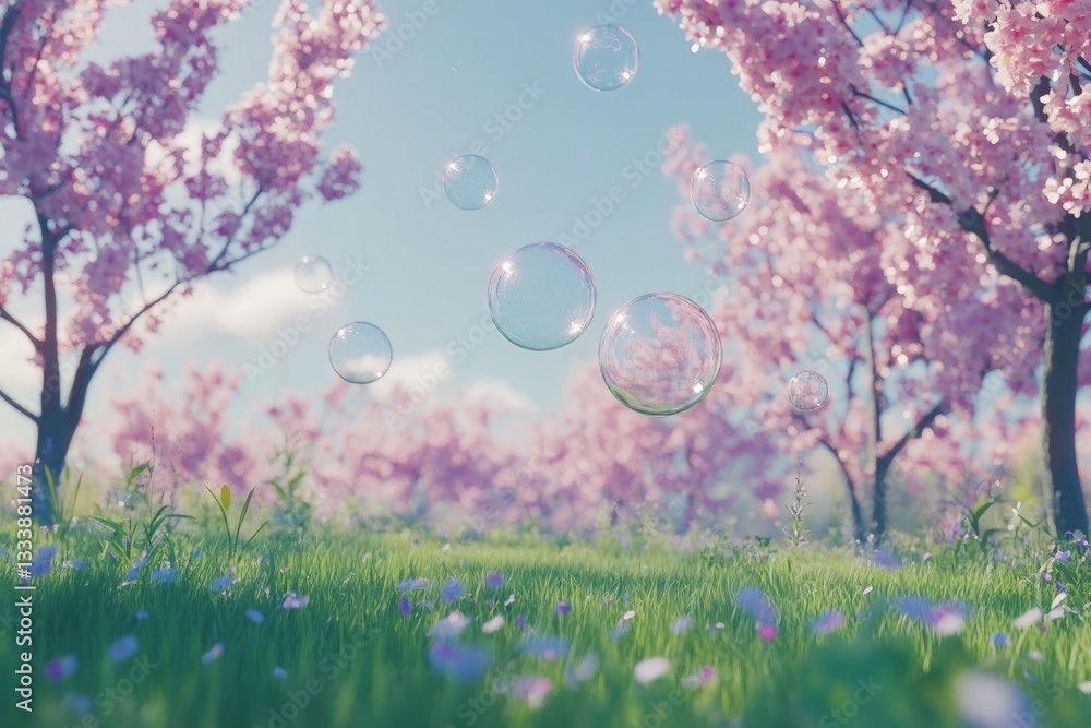 Bubbles float among blooming cherry blossom trees in a serene spring landscape