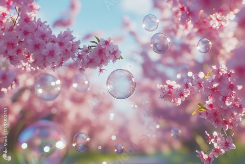 Obraz na płótnie Bubbles drifting among blooming pink cherry blossom trees in a serene spring atmosphere w salonie
