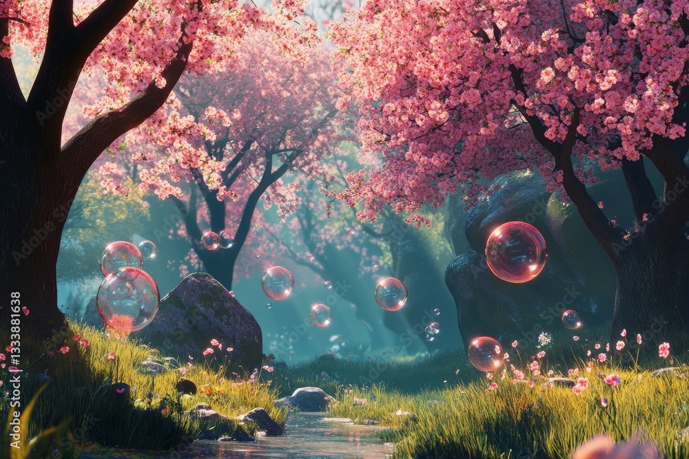 Lush cherry blossom grove with bubbles floating in a serene forest stream during a peaceful spring afternoon