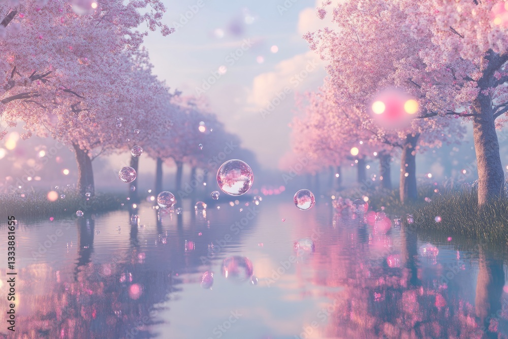 Serene waterway lined with cherry blossom trees reflecting in gentle bubbles at sunset