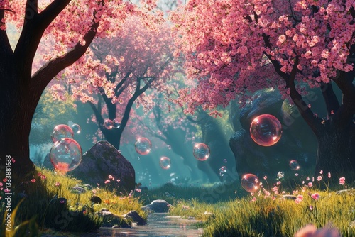 Obraz na płótnie Lush cherry blossom grove with bubbles floating in a serene forest stream during a peaceful spring afternoon w salonie