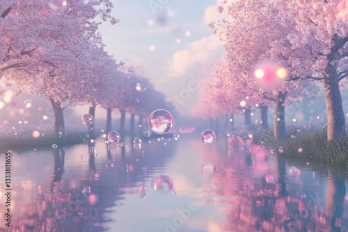 Obraz na płótnie Serene waterway lined with cherry blossom trees reflecting in gentle bubbles at sunset w salonie