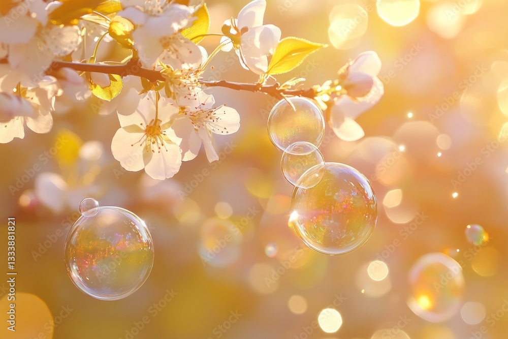 Bubbles float among blooming flowers in a sunlit garden during springtime in the early evening