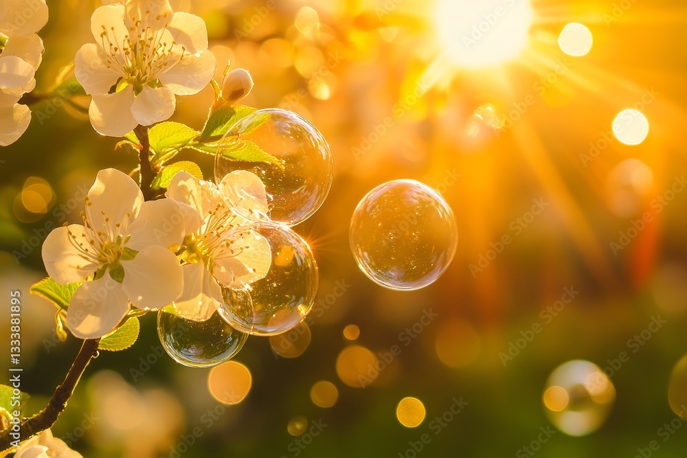 Sunlight filters through blooming flowers with bubbles floating in a vibrant spring garden