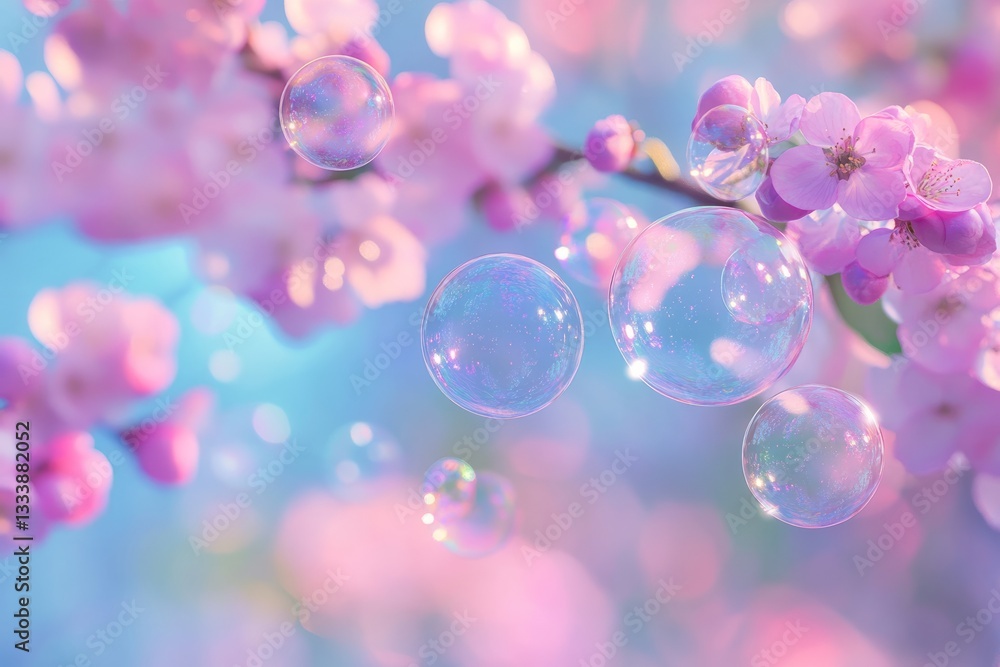 Delicate bubbles floating among blooming cherry blossom branches in a serene garden during springtime