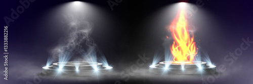 Illuminated podium with spotlights and smoke dark background for award, event, or presentation.	
