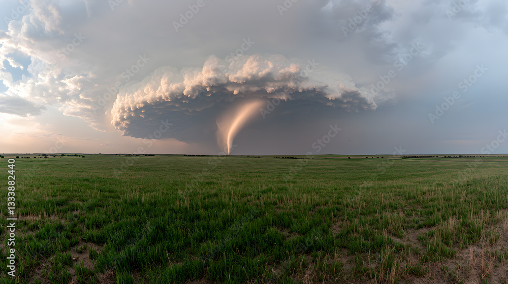 Wide-angle view of a tornado with dramatic storm clouds overhead, capturing the intensity of the storm and its powerful, swirling motion.
Wide-angle view of a tornado with dramatic storm clouds overhead, capturing the intensity of the storm and its powerful, swirling motion.