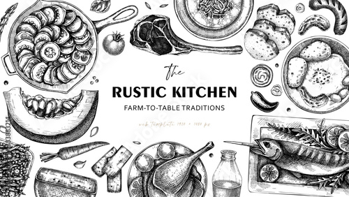 Farm food background in engraved style. Hand drawn vector illustration. Farmhouse kitchen sketches. Family dinner frame design. NOT AI generated.